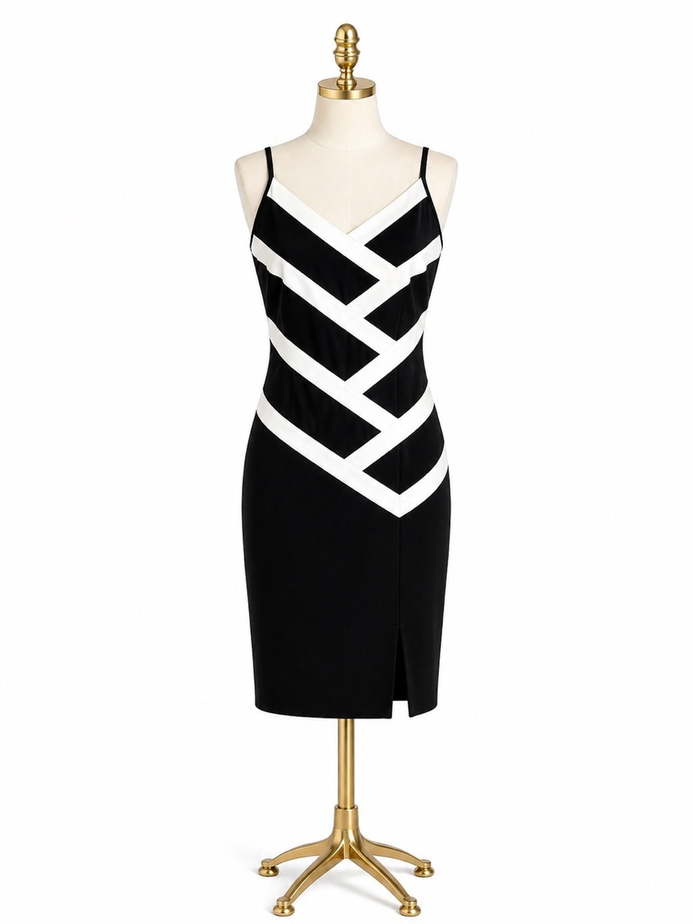 Joseph Ribkoff Black and White Striped V-Neck Spaghetti Strap Mini Dress